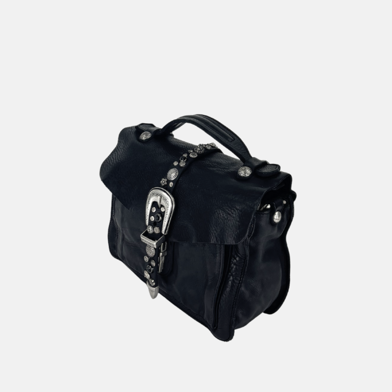 Campomaggi PORZIA Small Black Satchel Bag with Silver Flower Studs - Big Bag NY
