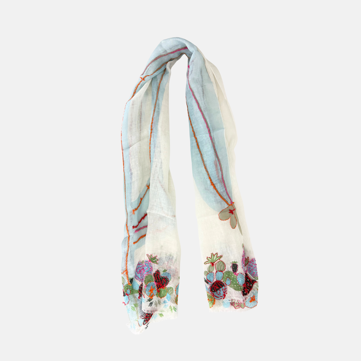 Storiatipic Azur Embroidered Linen Scarf in White - Big Bag NY