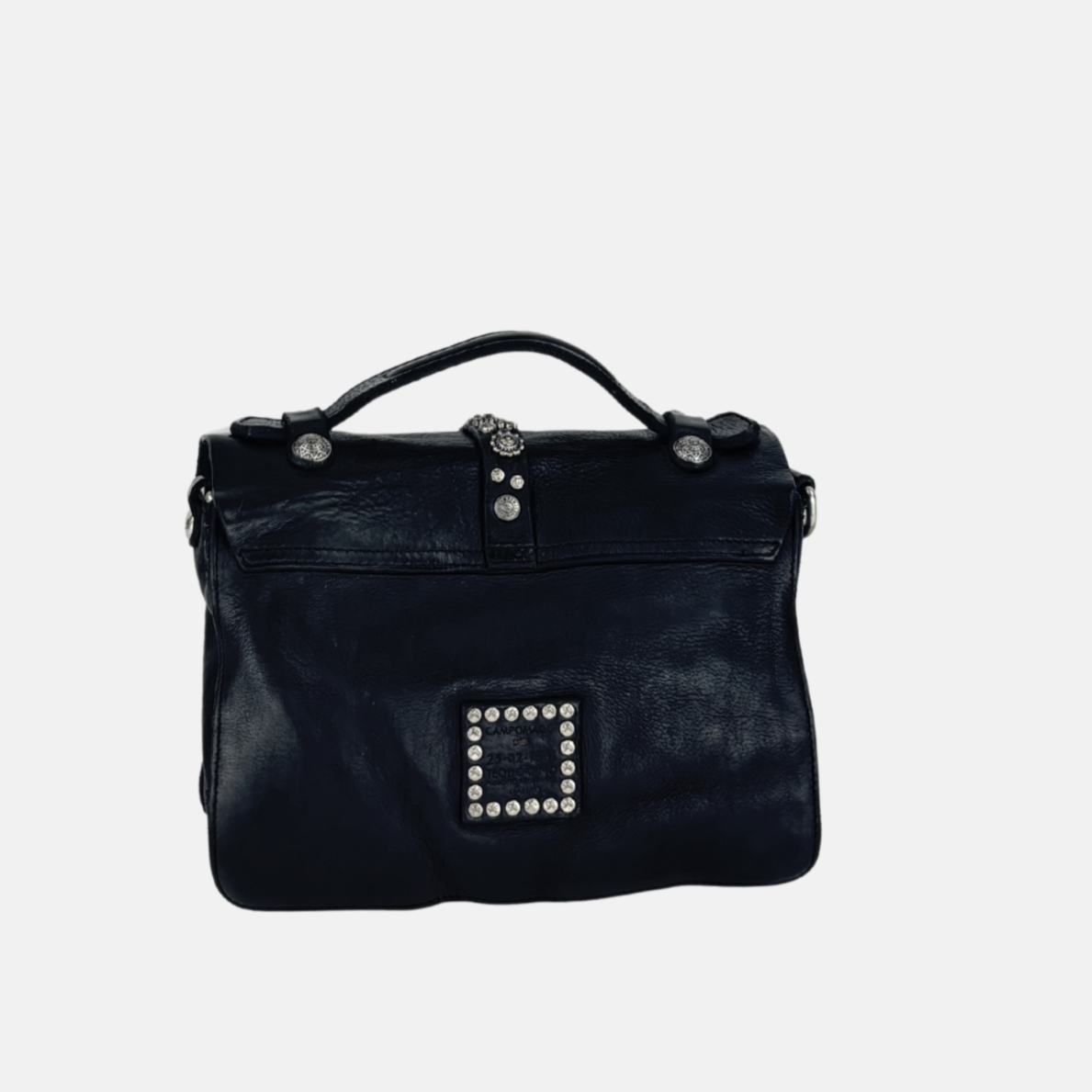 Campomaggi PORZIA Small Black Satchel Bag with Silver Flower Studs - Big Bag NY