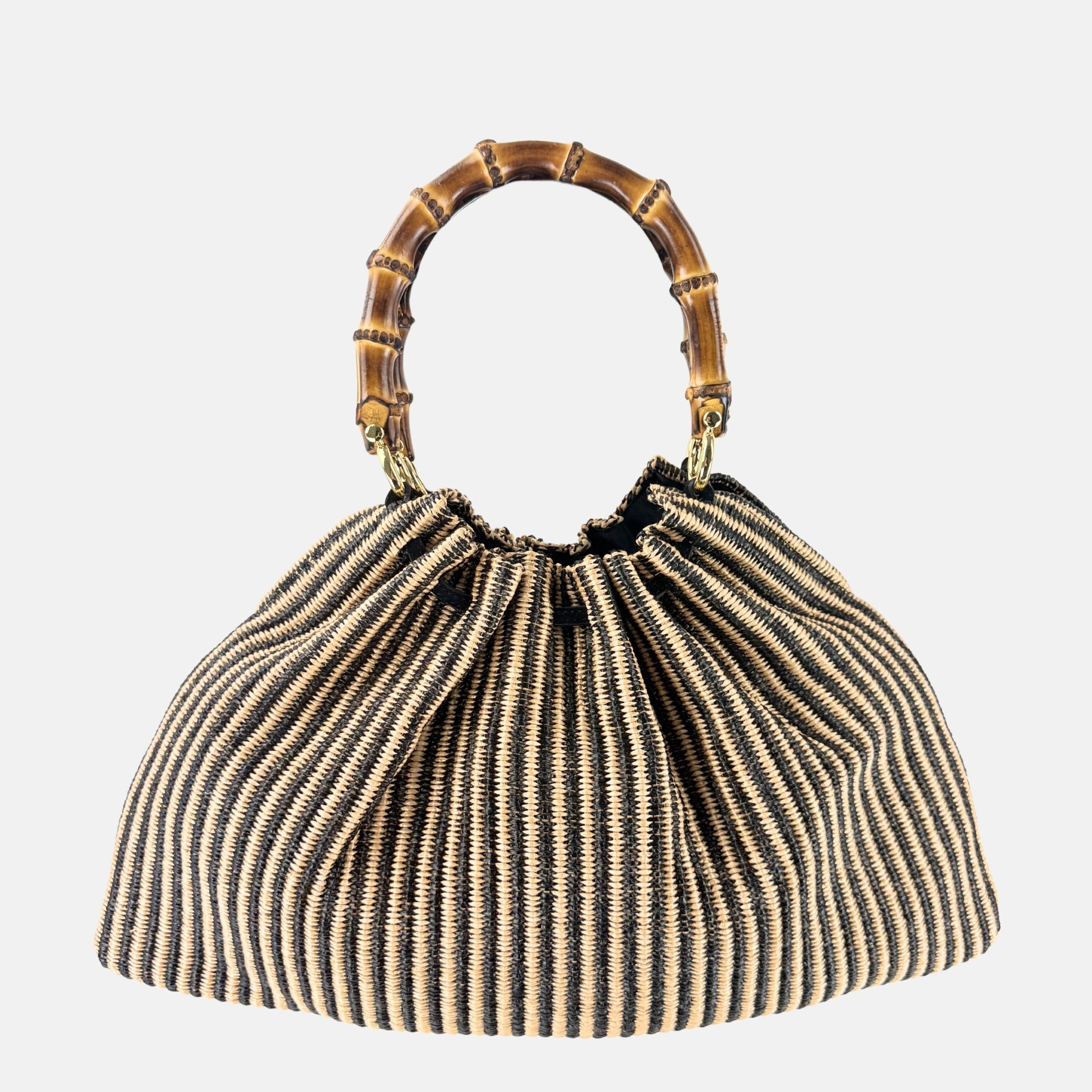 Caterina Bertini Large Bamboo Handle Shoulder Bag in Black and Tan Raffia - Big Bag NY