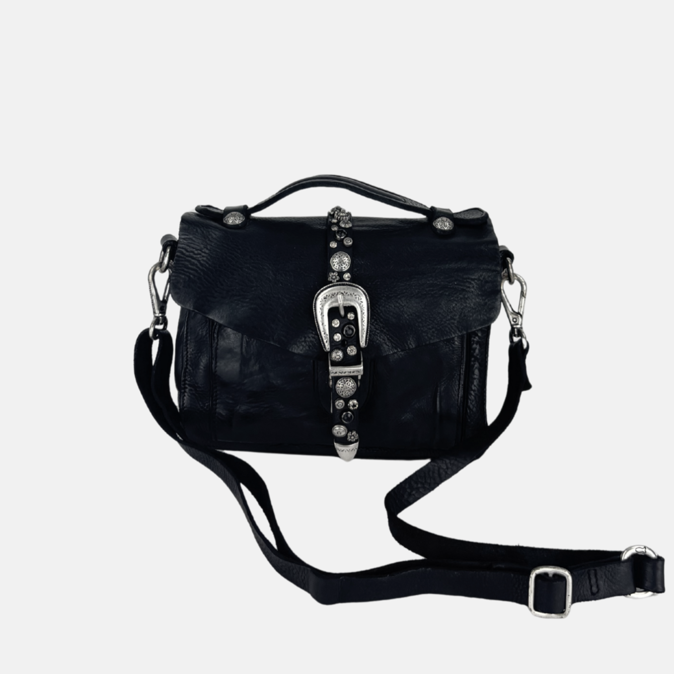Campomaggi PORZIA Small Black Satchel Bag with Silver Flower Studs - Big Bag NY