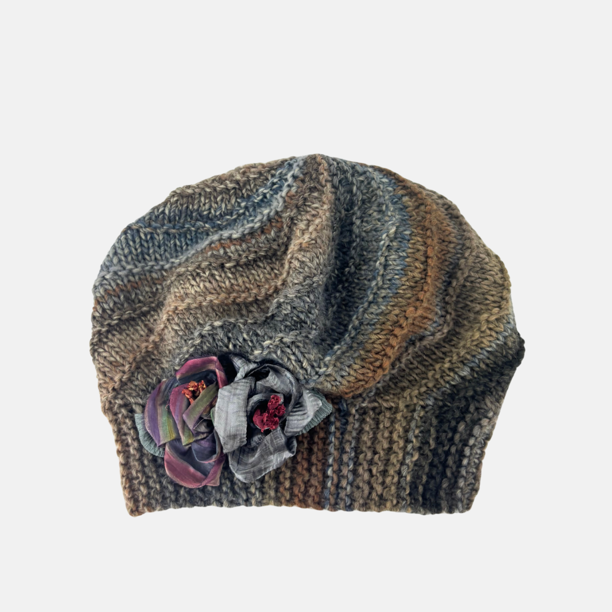 Striped Knit Beret with Flower