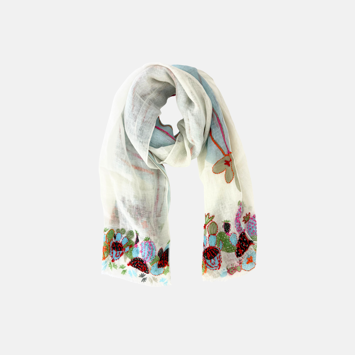 Storiatipic Azur Embroidered Linen Scarf in White - Big Bag NY 