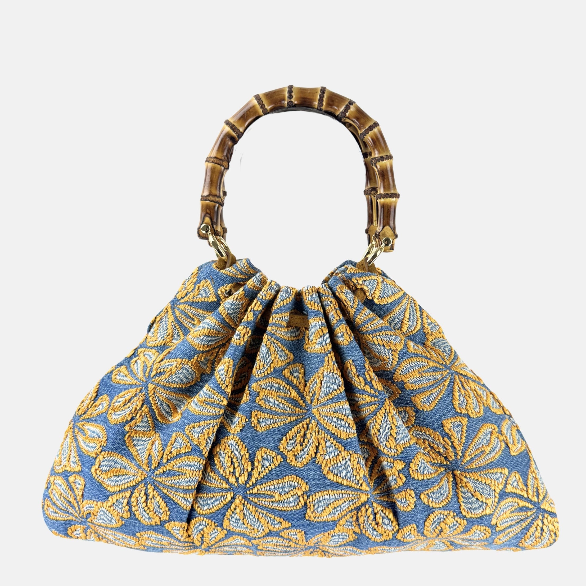 Caterina Bertini Large Bamboo Handle Shoulder Bag in Blue and Yellow Floral - Big Bag NY