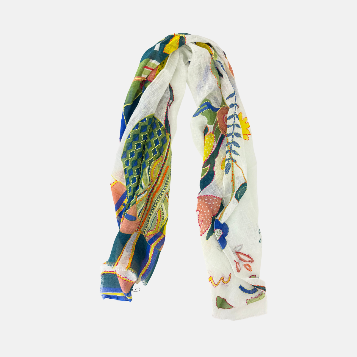 Storiatipic Amelie Embroidered Linen Scarf in White - Big Bag NY