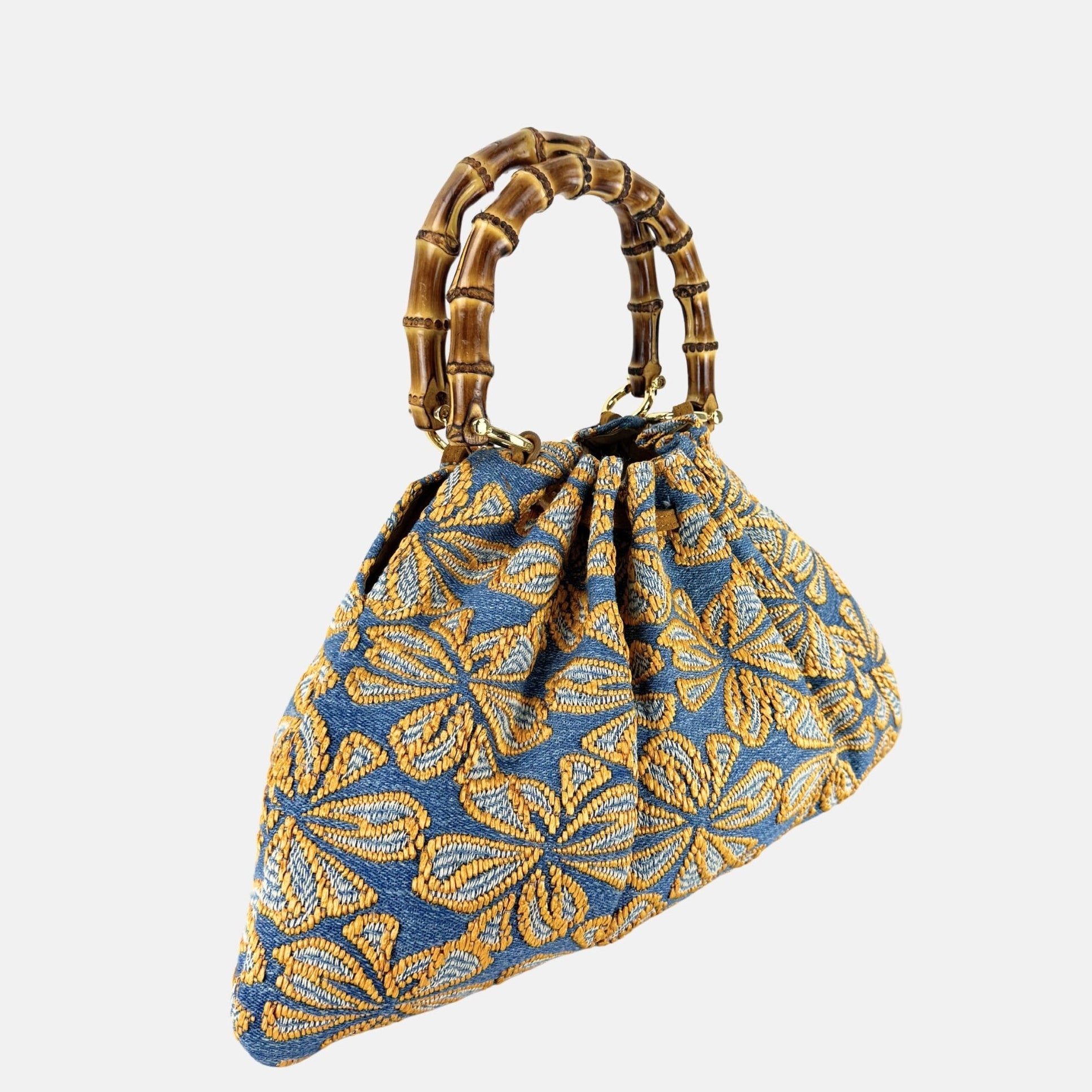 Caterina Bertini Large Bamboo Handle Shoulder Bag in Blue and Yellow Floral - Big Bag NY