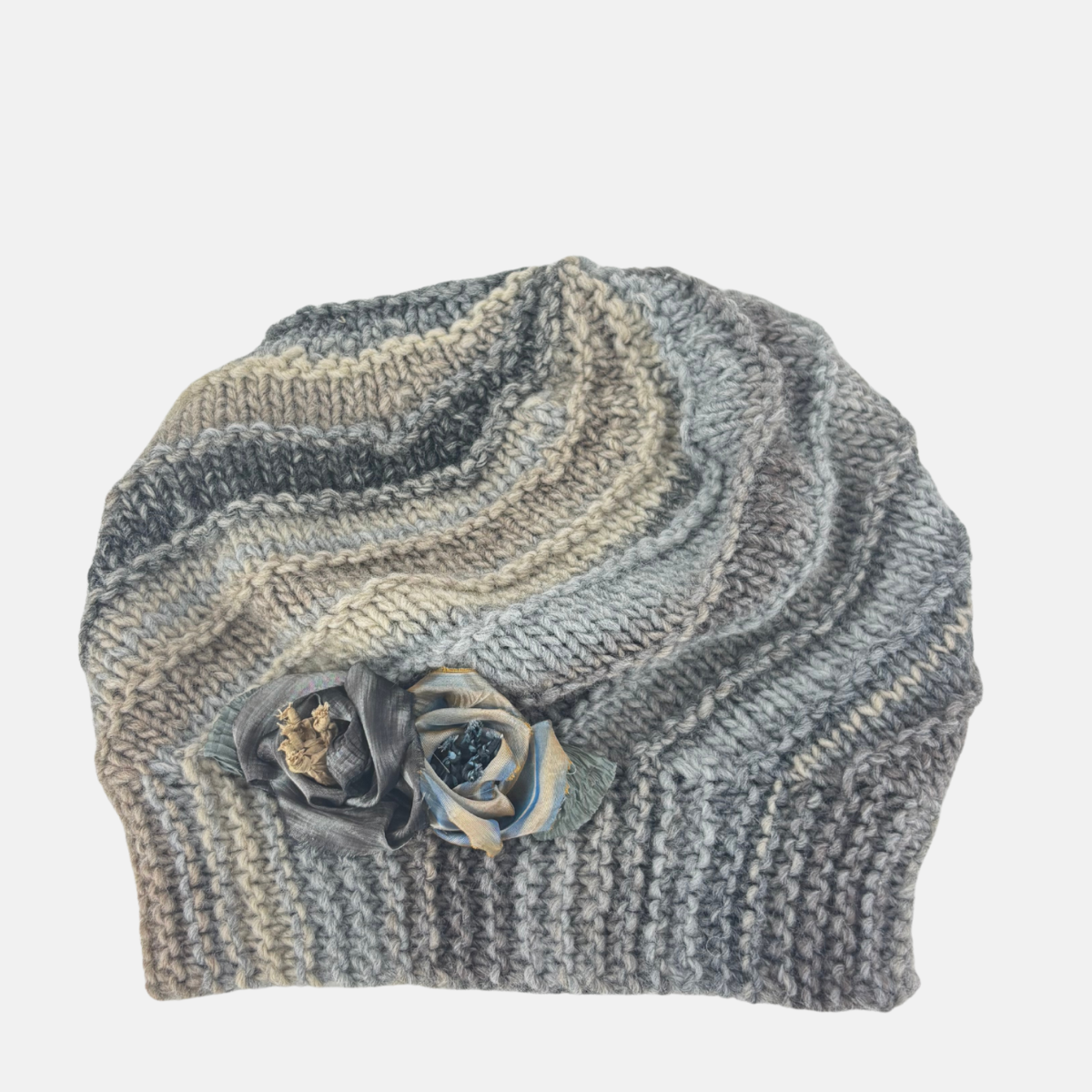 Striped Knit Beret with Flower