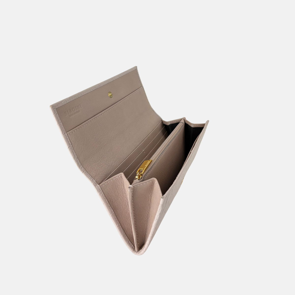 Biagini Croco Embossed Leather Flap Clutch Long Wallet in Light Pink - Big Bag NY