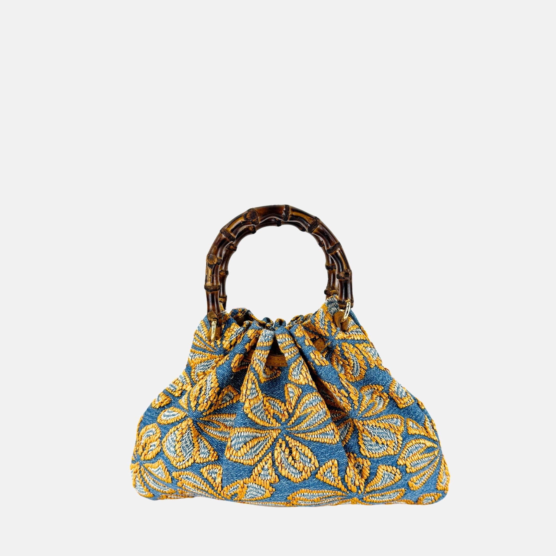 Caterina Bertini Small Bamboo Handle shoulder Bag in Blue and Yellow Floral - Big Bag NY