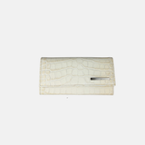 Croco Embossed Leather Flap Clutch Long Wallet in Cream