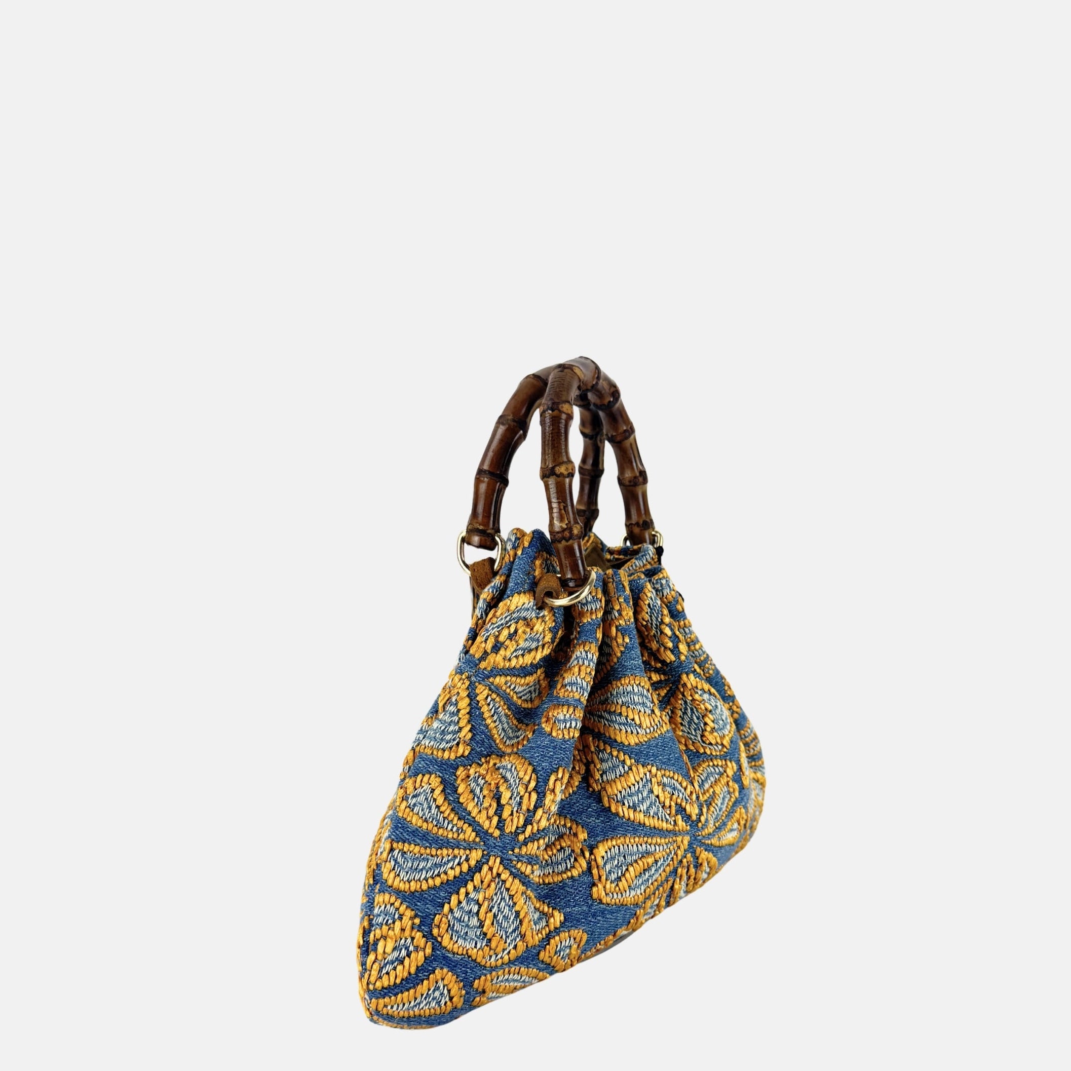 Caterina Bertini Small Bamboo Handle shoulder Bag in Blue and Yellow Floral - Big Bag NY