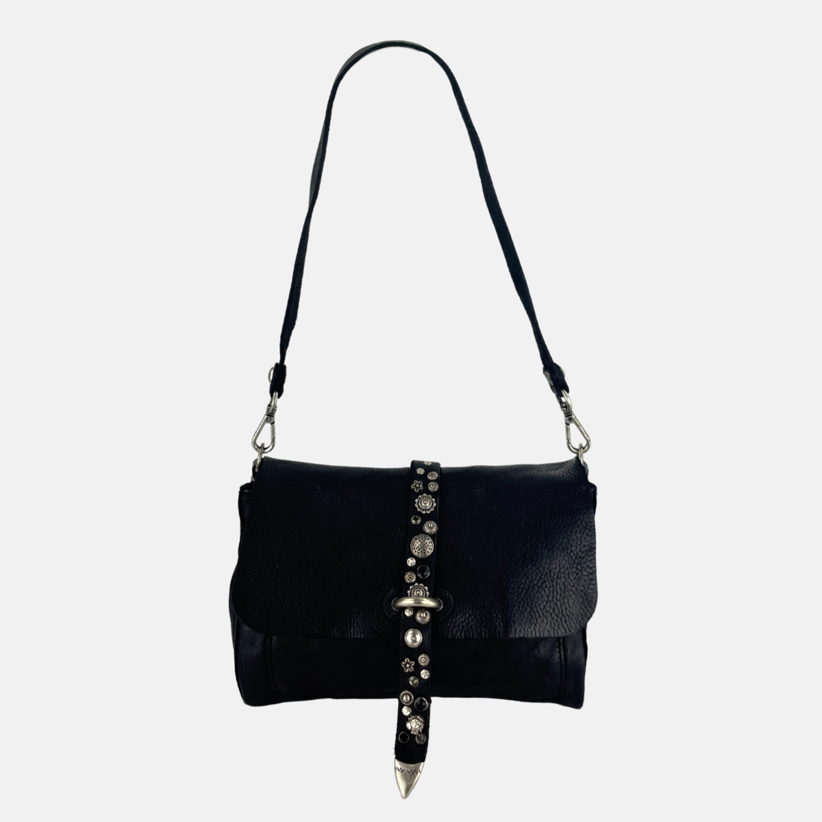 Campomaggi ELGA Studded Medium Flap Shoulder Bag in Black - Big Bag NY