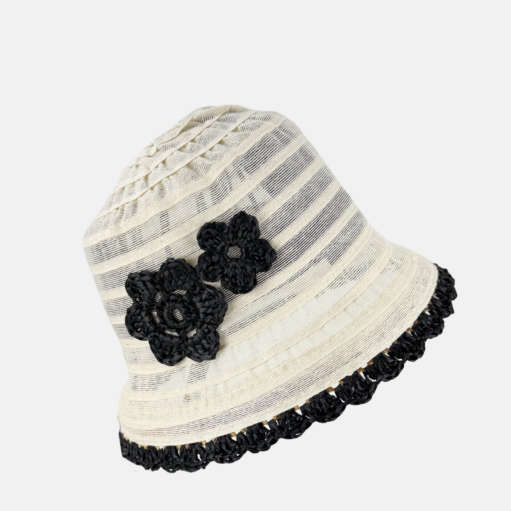 Ferruccio Vecchi Ivory and Black Crochet Edge Flower Summer Bucket Hat - Big Bag NY