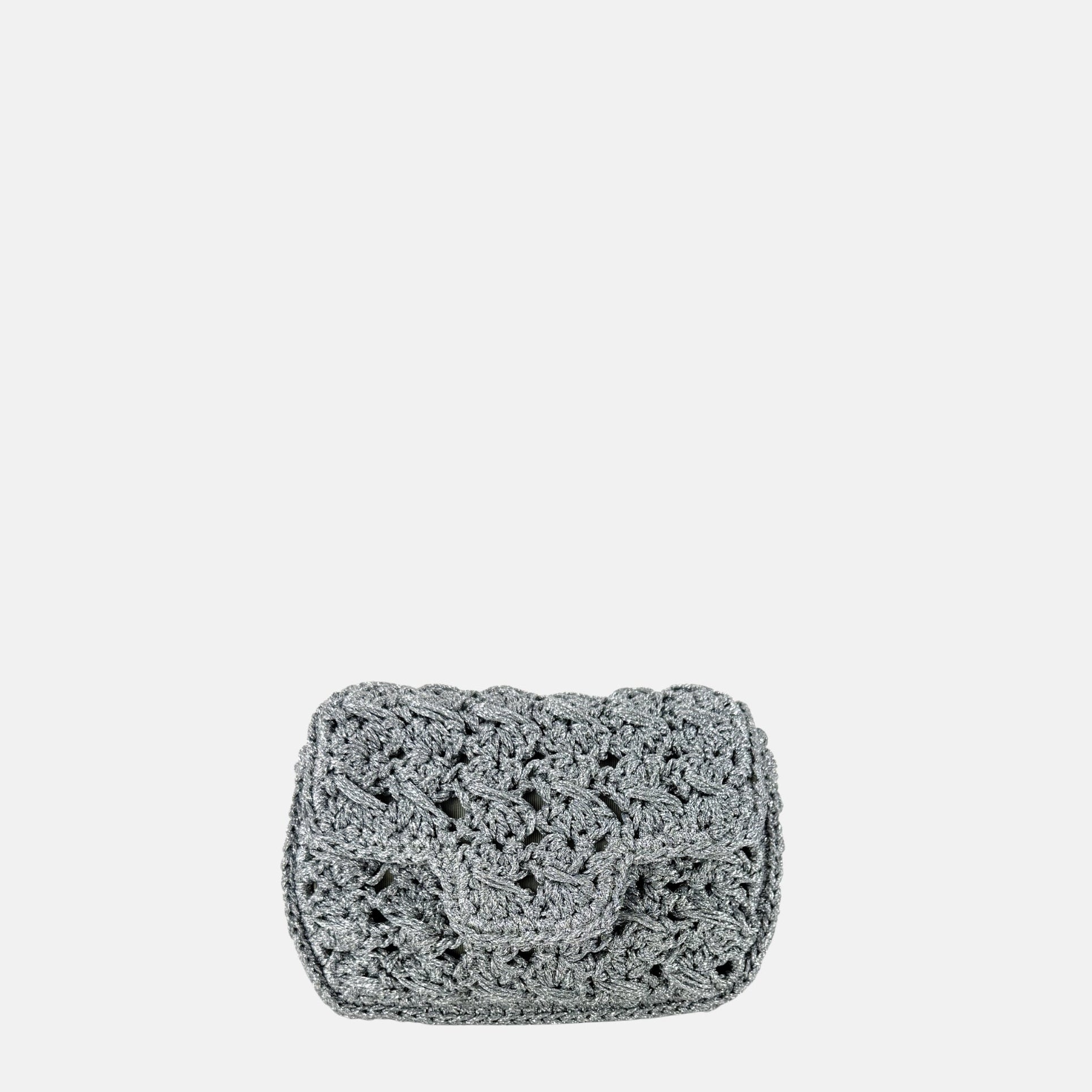 Caterina Bertini Small Crochet Flapover Shoulder Bag in Metallic Silver