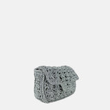 Caterina Bertini Small Crochet Flapover Shoulder Bag in Metallic Silver - Big Bag NY