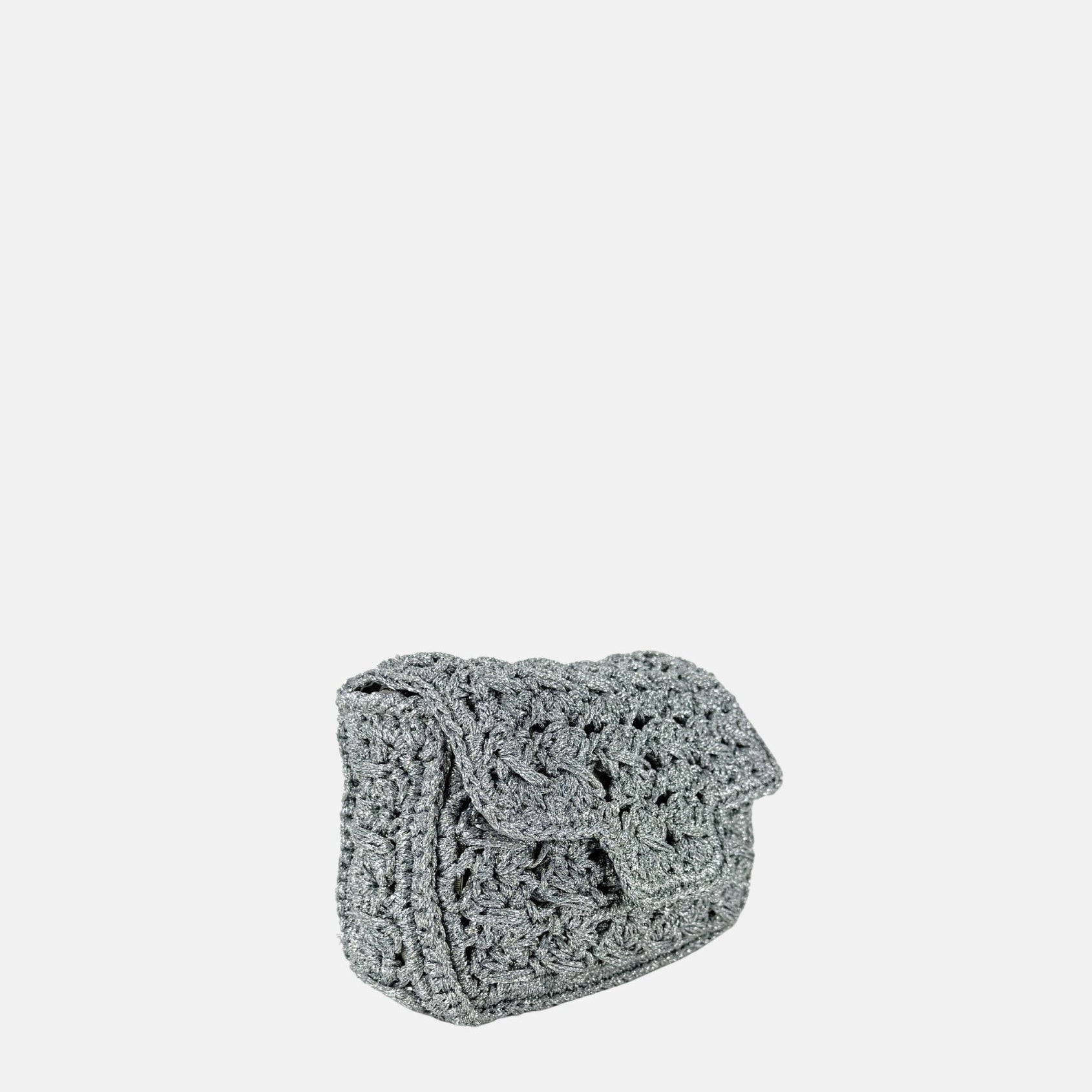 Caterina Bertini Small Crochet Flapover Shoulder Bag in Metallic Silver - Big Bag NY