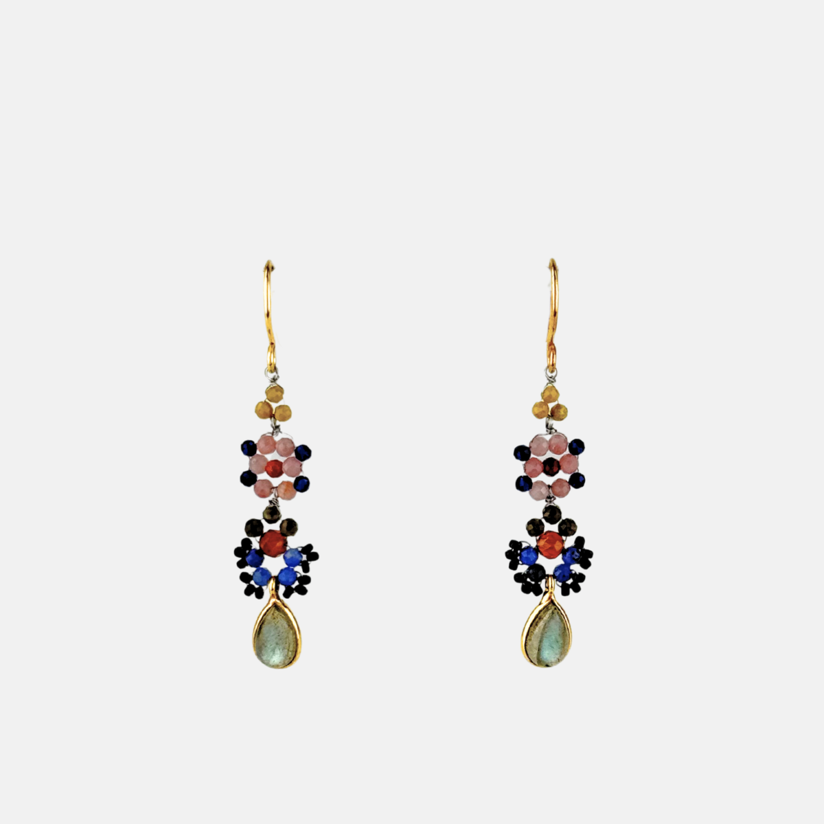 Le Fourbi de Capucine Long Floral Beaded Labradorite Drop Earrings - Big Bag NY