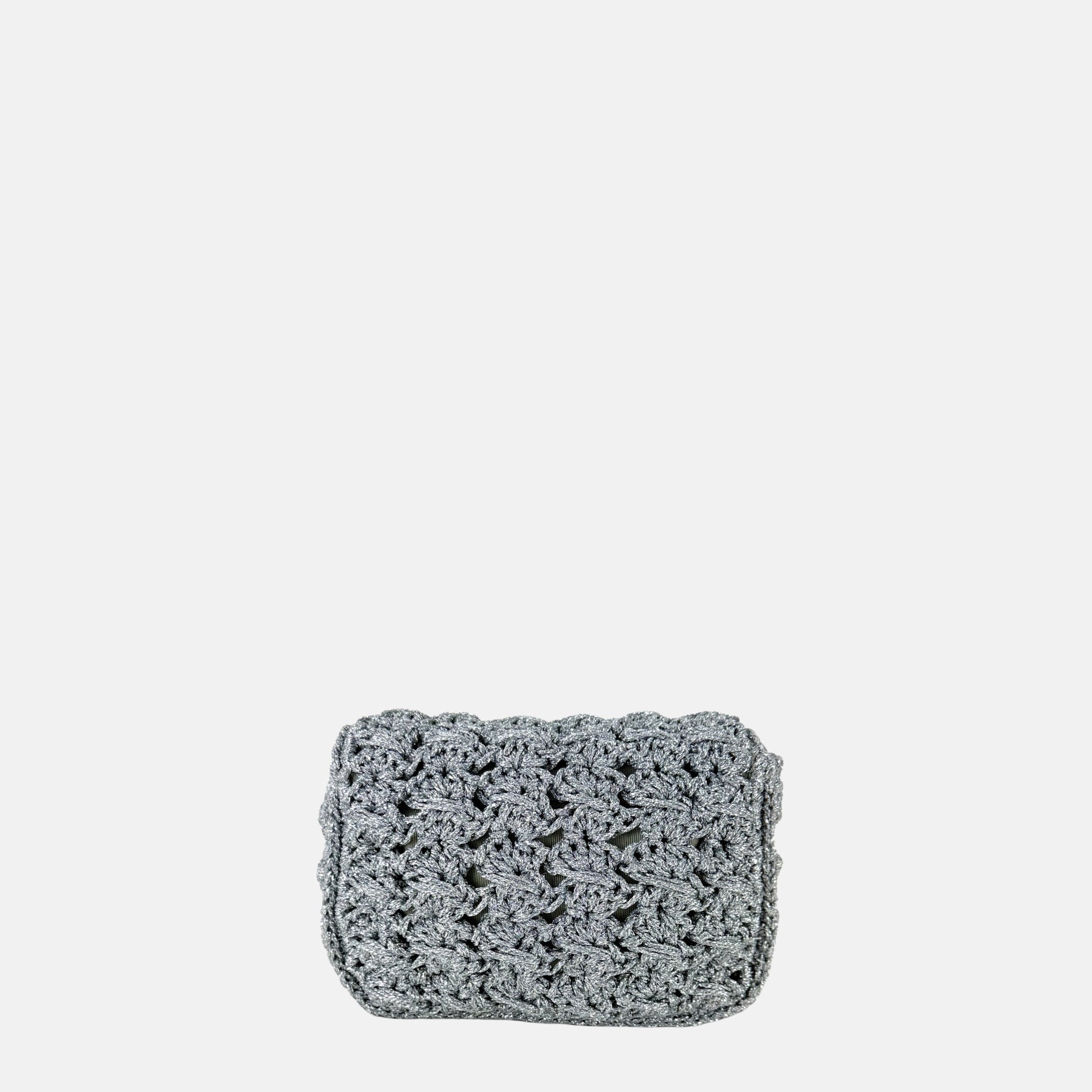 Caterina Bertini Small Crochet Flapover Shoulder Bag in Metallic Silver - Big Bag NY