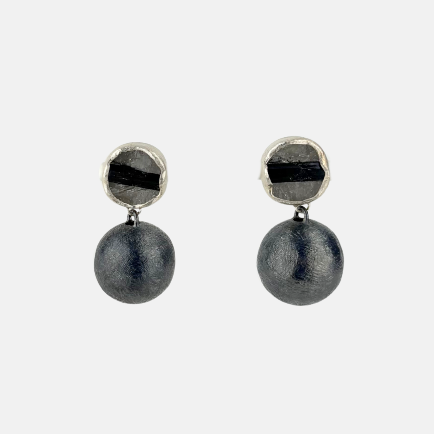 Black and Silver Ball Drop Earrings in Tourmaline Quartz - Big Bag NY