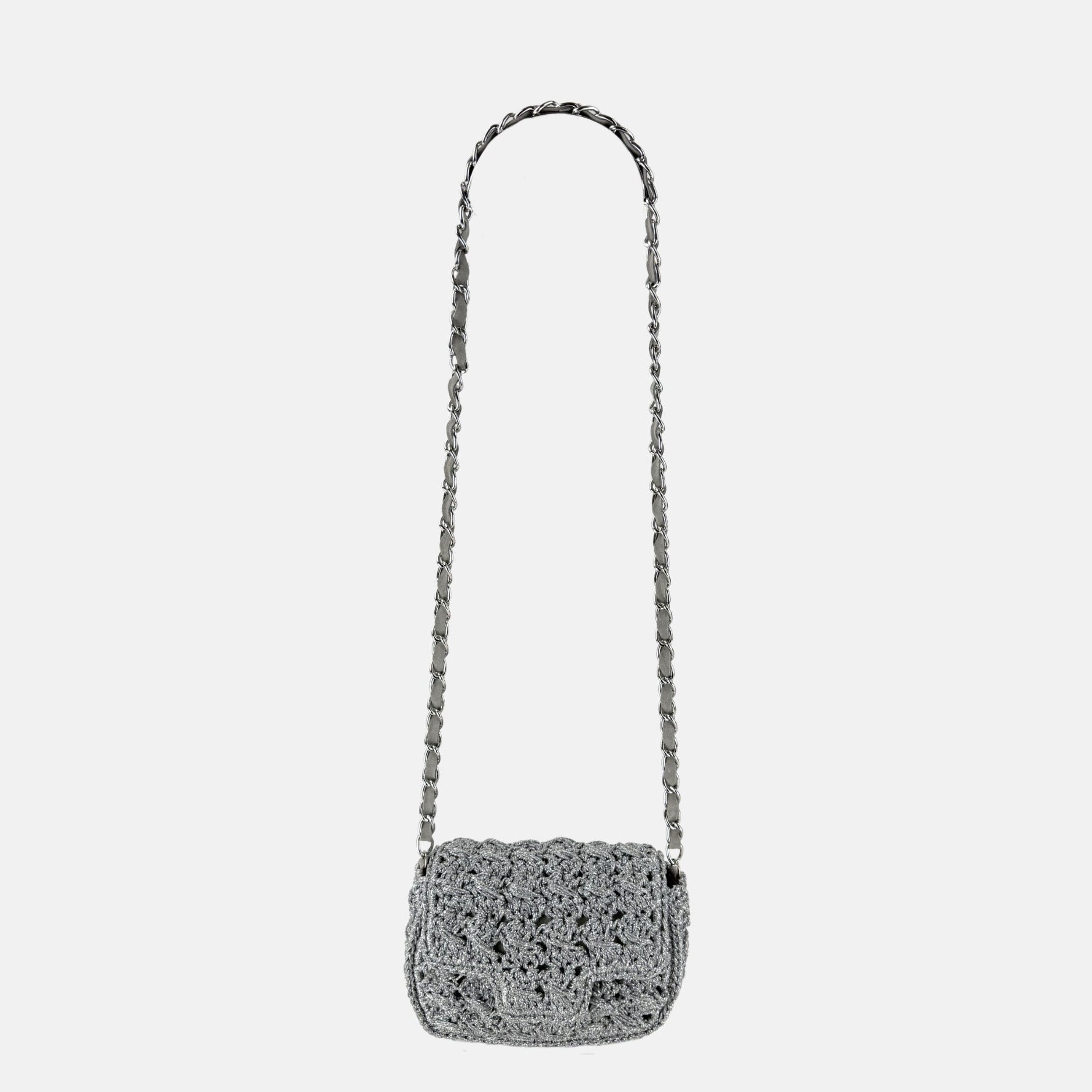 Caterina Bertini Small Crochet Flapover Shoulder Bag in Metallic Silver - Big Bag NY