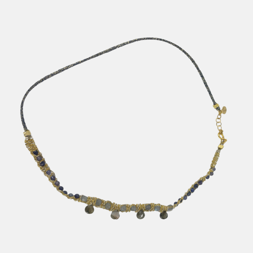 DAG GIOEILLI Woven Necklace with Labradorite and Sapphire Blue gemstones - Big Bag NY