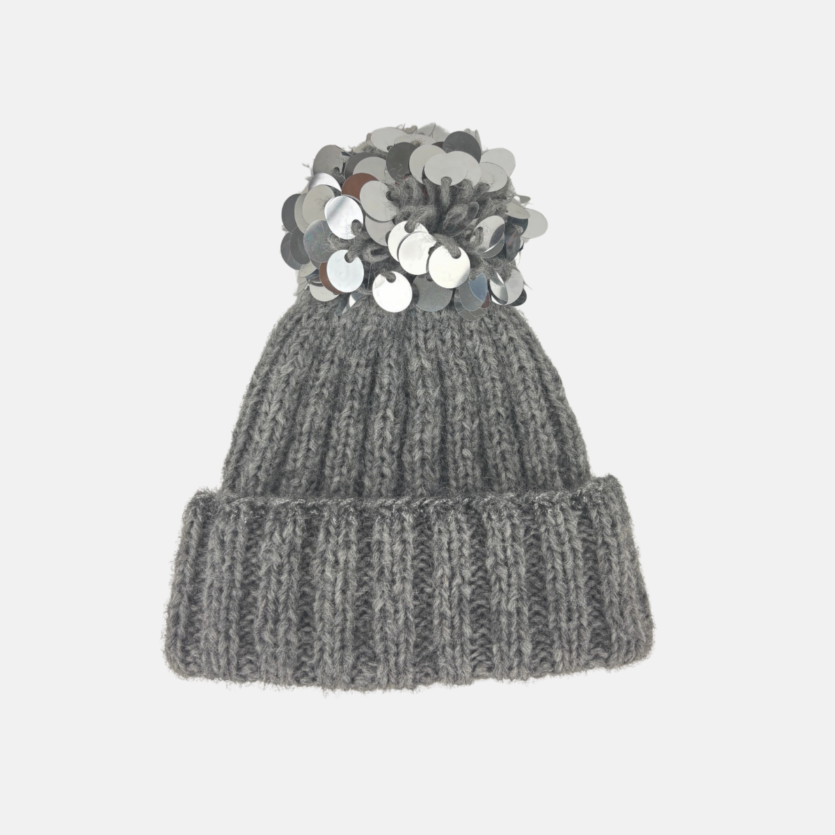 Sequin Pom Pom Ribbed Knit Beanie