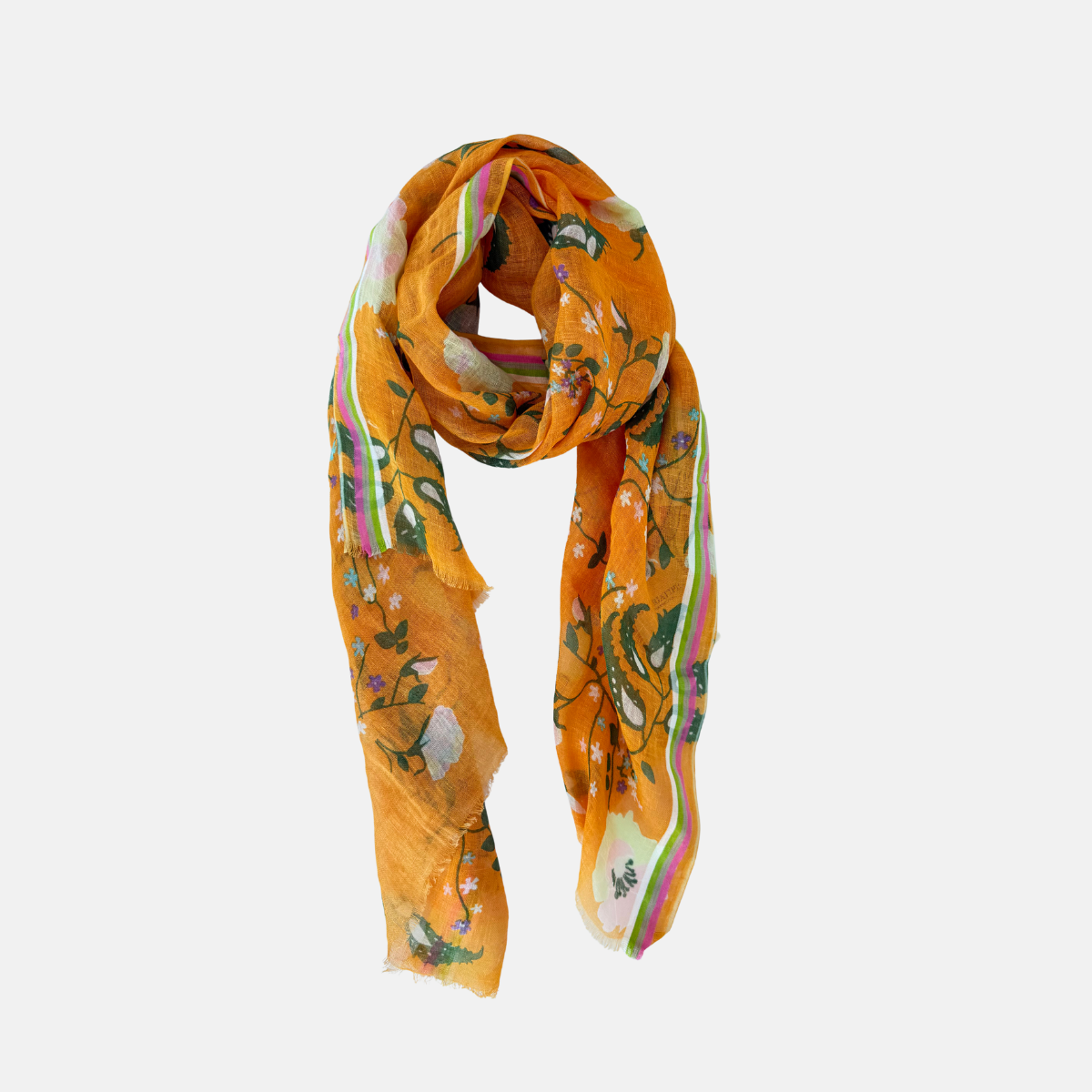 Storiatipic Becky Linen Scarf with Jacquard Trim in Orange - Big Bag NY