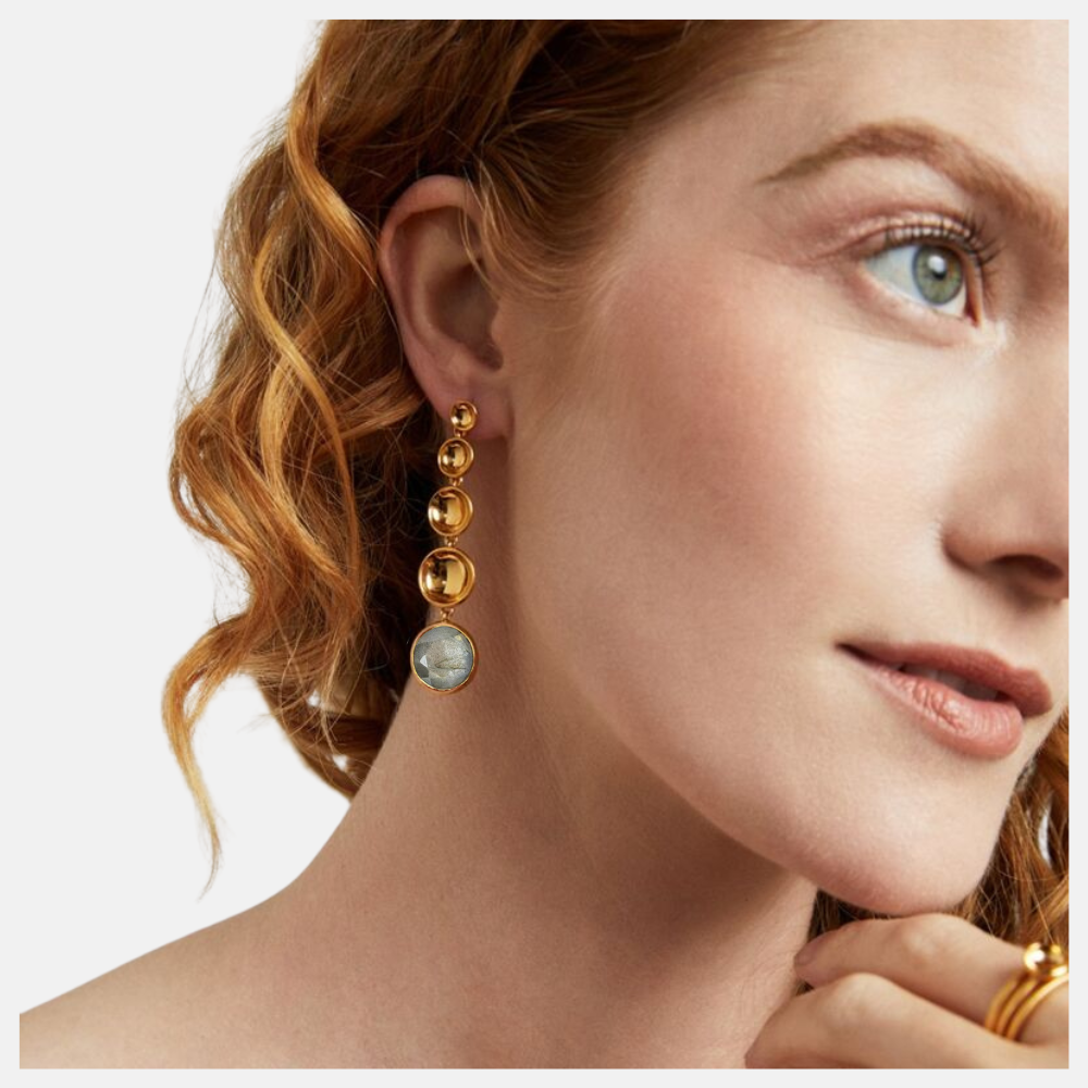 Four graduated concave discs flow into a vibrant checkered-cut gemstone in the lightweight and easy-moving design of the Sol Statement Gemstone Drop Earrings.