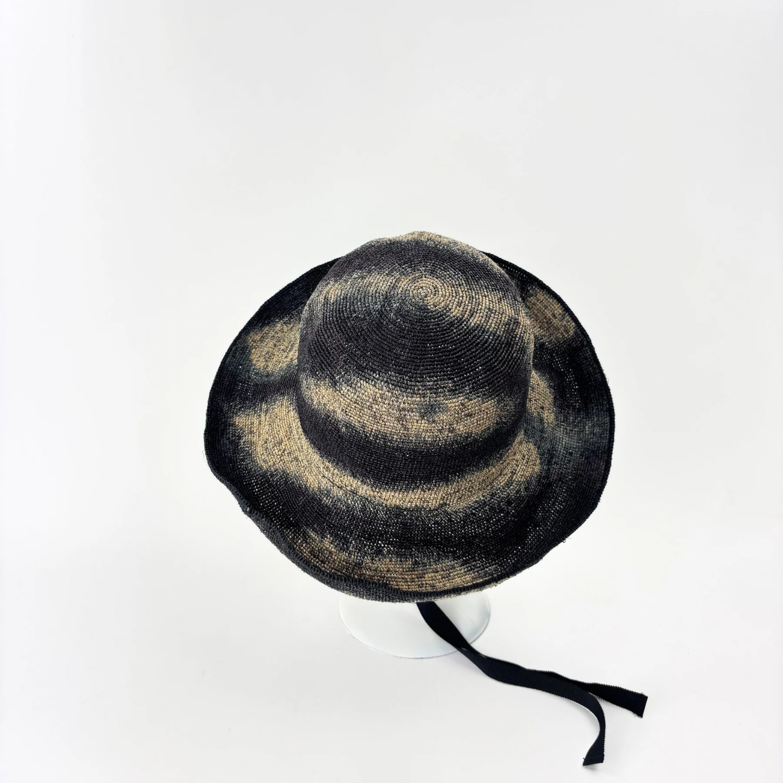 PCNQ CLEO Raffia Round Raffia Sun Hat in Grey with Black RIbbon Ties - Big Bag NY