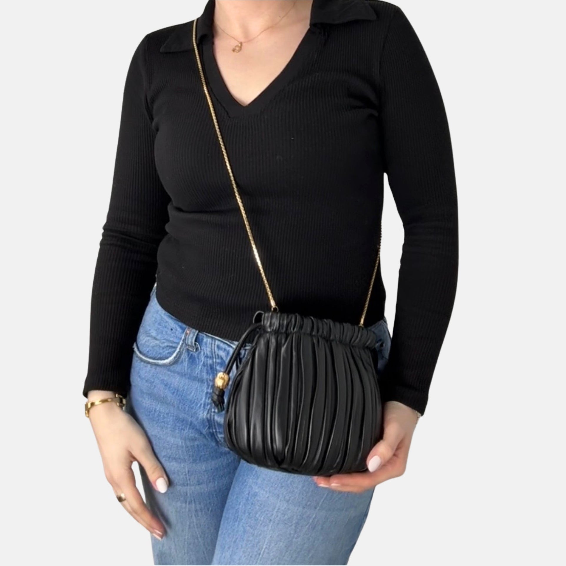 Ruched Lambskin Mini Shoulder Bag in Black - Big Bag NY