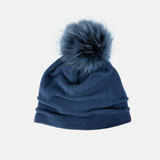 Ruched Wool Beanie with Fur Pom Pom