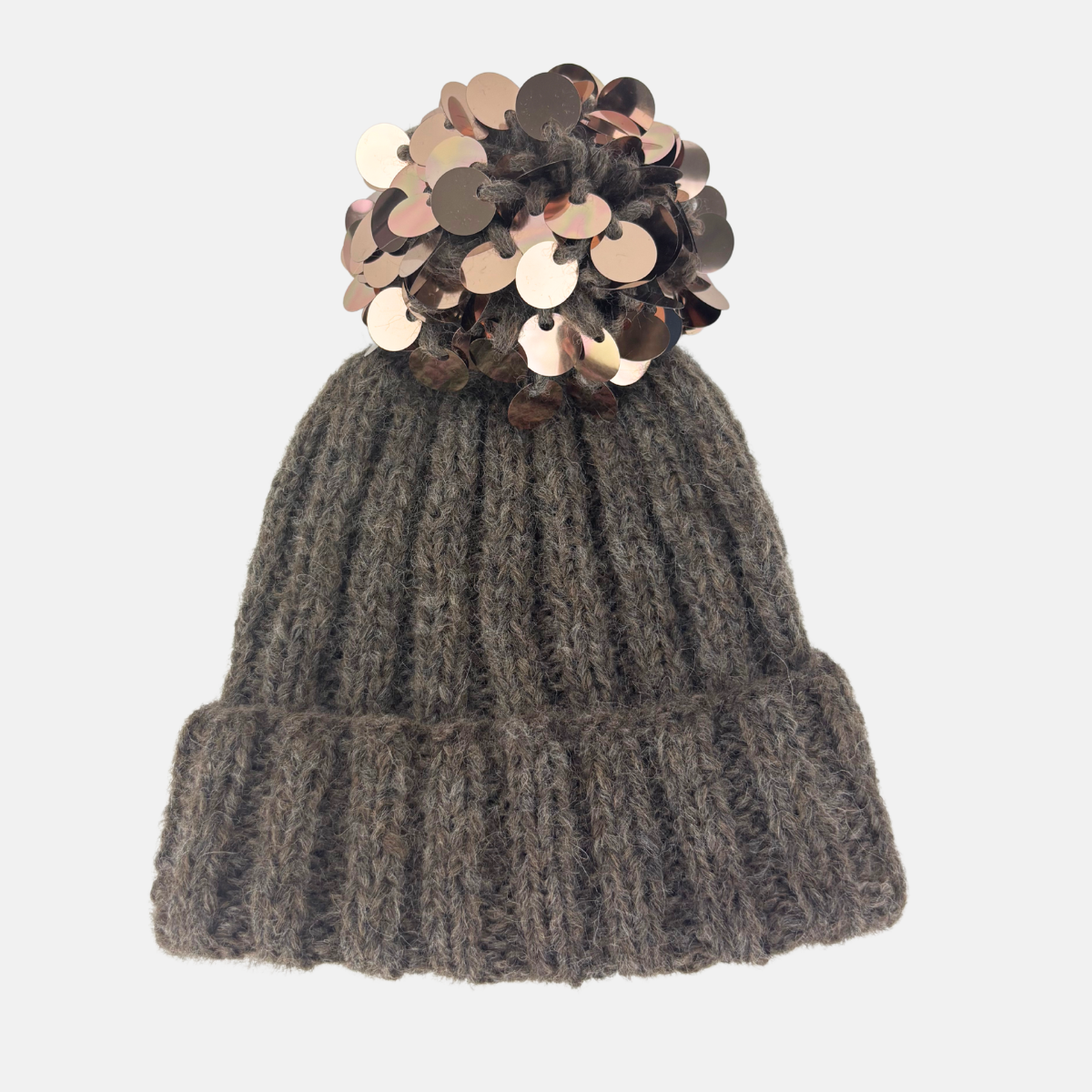 Sequin Pom Pom Ribbed Knit Beanie