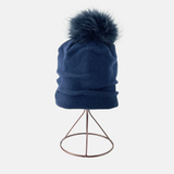 Ruched Wool Beanie with Fur Pom Pom