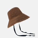 PCNQ CLEO Raffia Round Raffia Sun Hat with Ribbon Ties in Brown - Big Bag NY