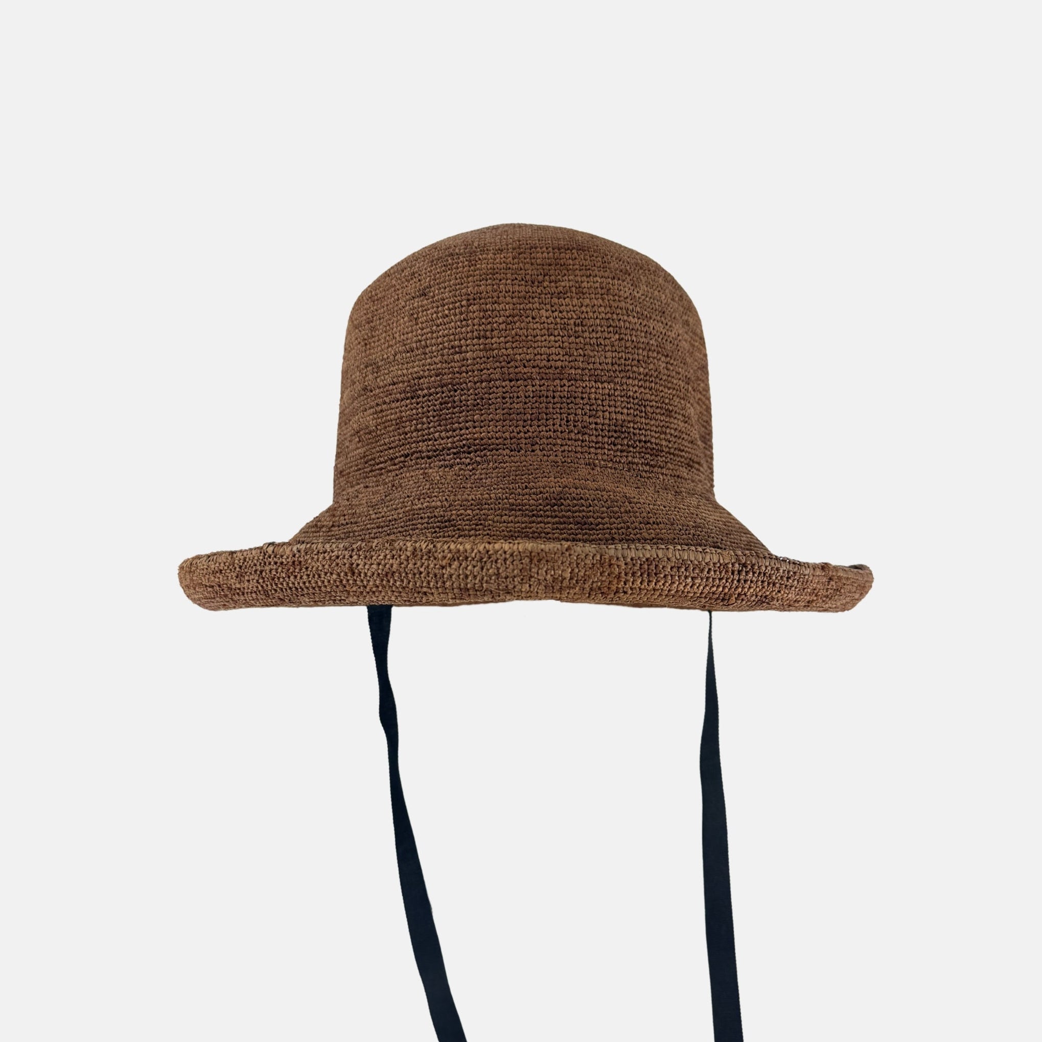 PCNQ CLEO Raffia Round Raffia Sun Hat with Ribbon Ties in Brown - Big Bag NY