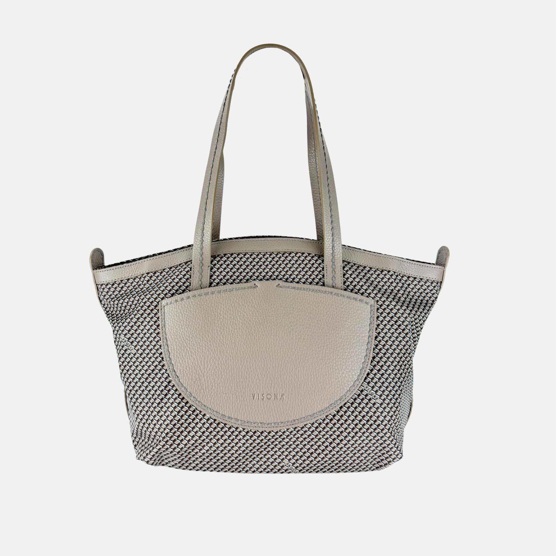 PLINIO Zippered Tote with Outer Leather Pocket in Taupe - Big Bag NY