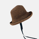 PCNQ CLEO Raffia Round Raffia Sun Hat with Ribbon Ties in Brown - Big Bag NY
