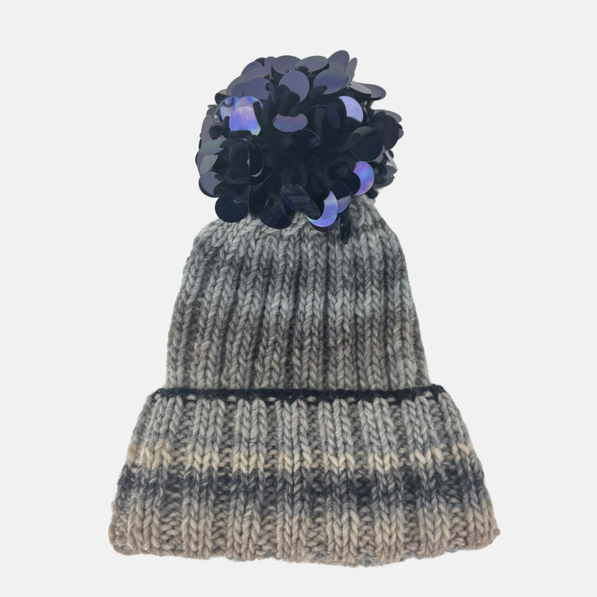 Sequin Striped Pom Pom Ribbed Knit Beanie