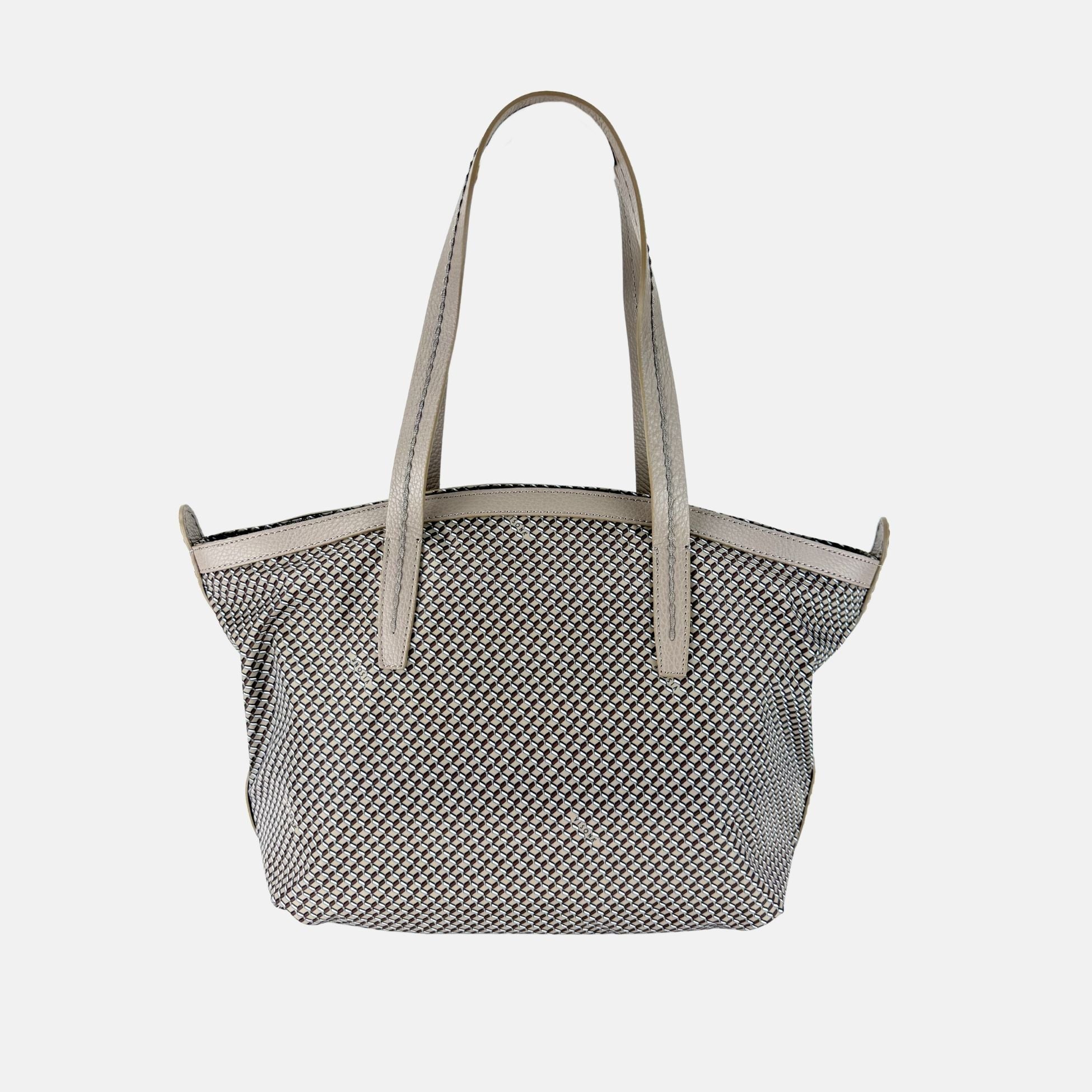 PLINIO Zippered Tote with Outer Leather Pocket in Taupe - Big Bag NY