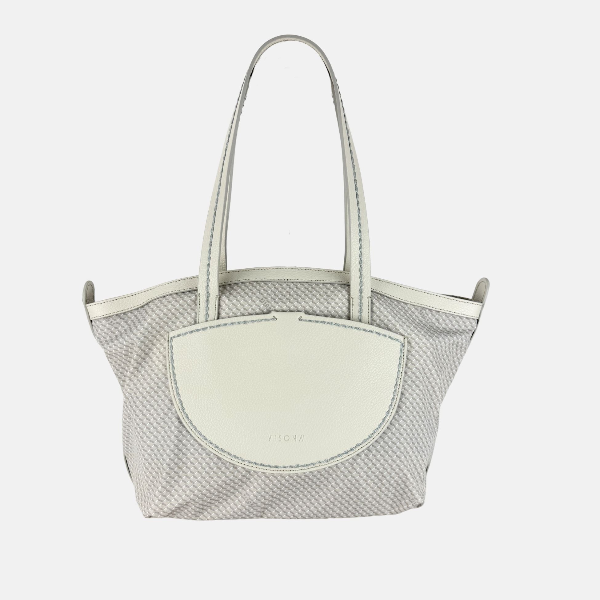 PLINIO Zippered Tote with Outer Leather Pocket in Greige - Big Bag NY