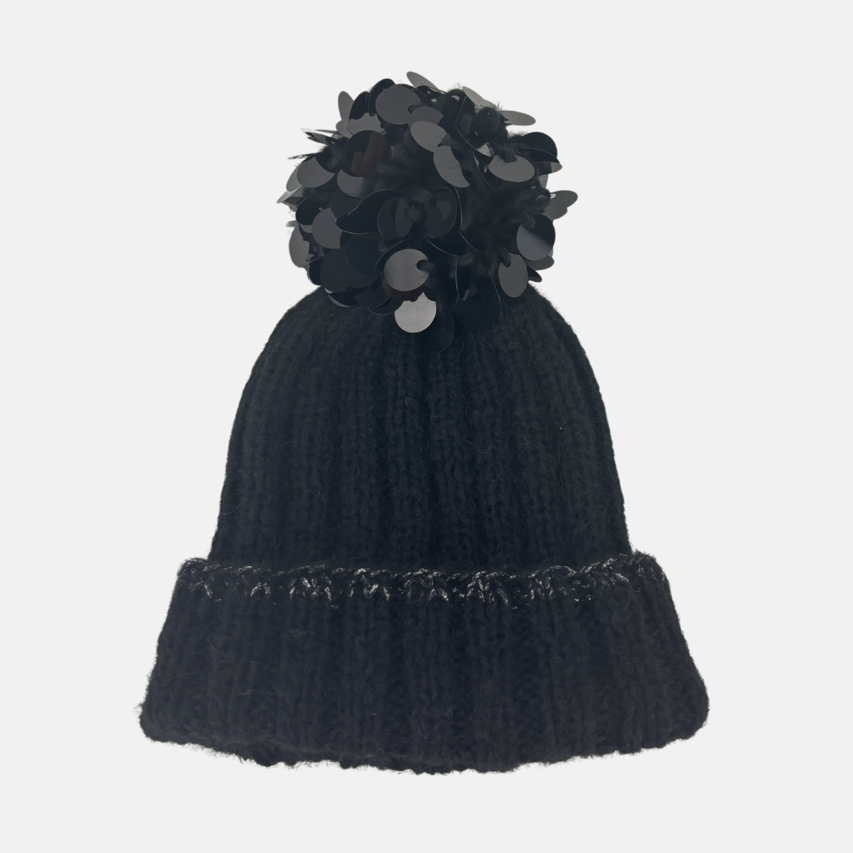 Sequin Pom Pom Ribbed Knit Beanie
