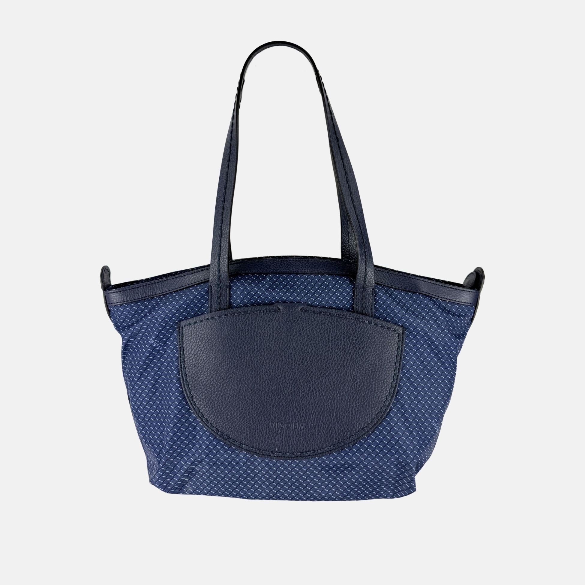 PLINIO Zippered Tote with Outer Leather Pocket in Navy - Big Bag NY