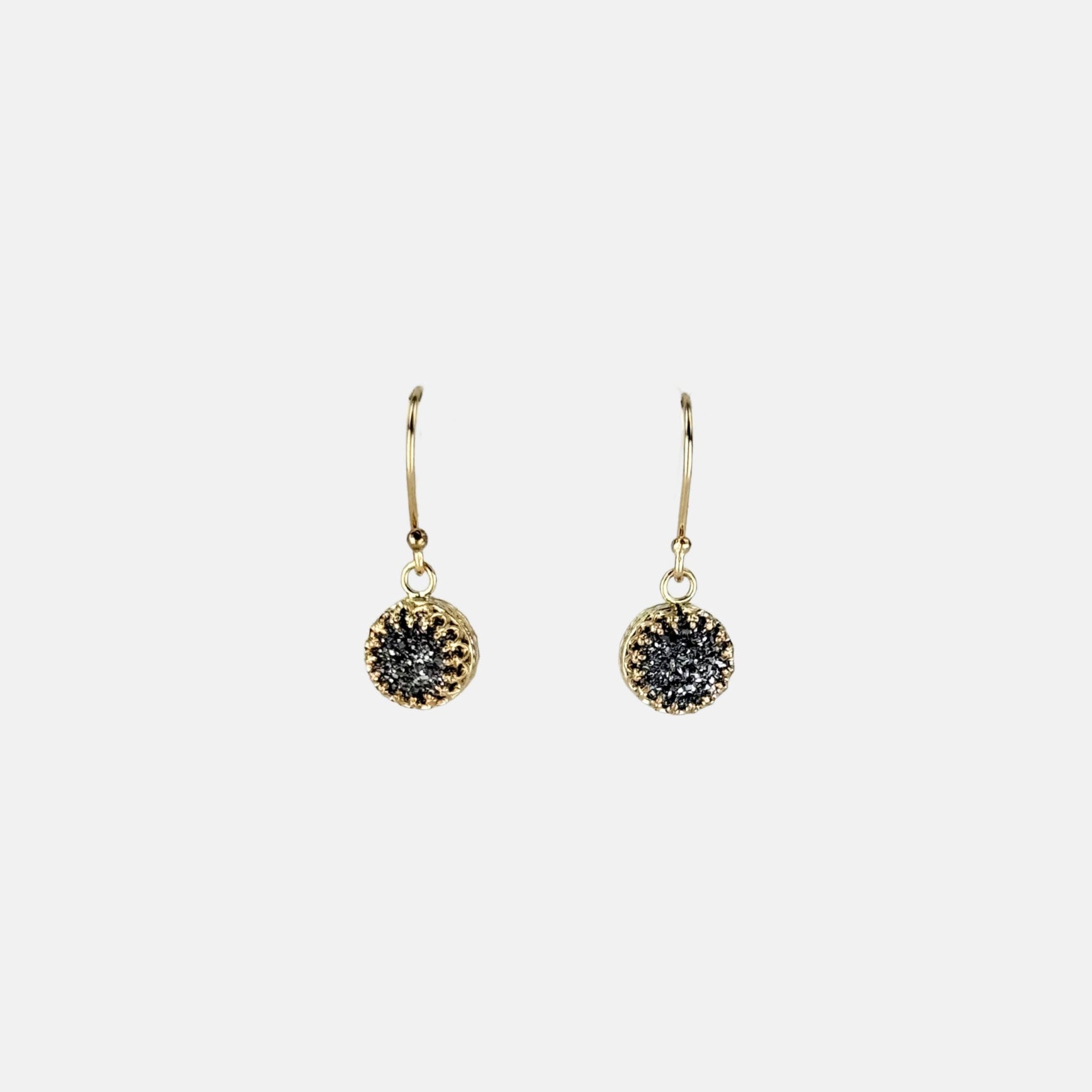 Ithil Round Pewter Druzy Dangle Earrings in Gold - Big Bag NY