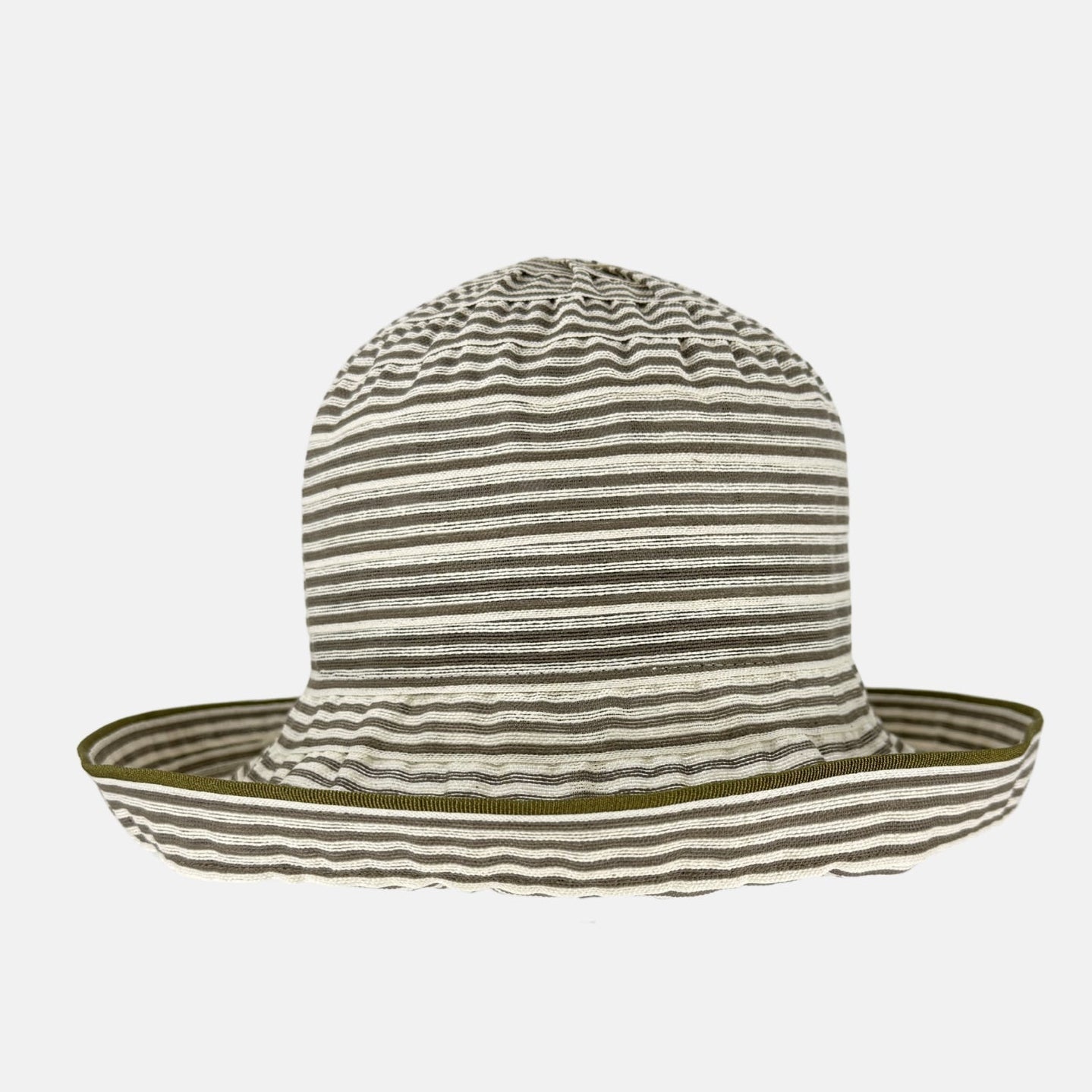 Ferruccio Vecchi Beige and Ivory Striped Cotton Blend Summer Hat with Green Trim