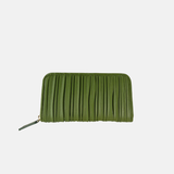 Pleated Nappa Long Zip Around Clutch Wallet in Olive