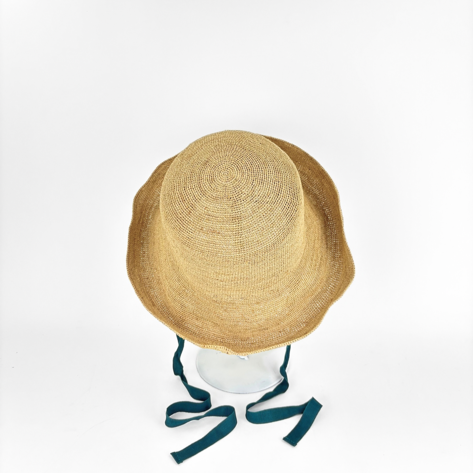 PCNQ CLEO Raffia Round Raffia Sun Hat with Green Ribbon Ties - Big Bag NY