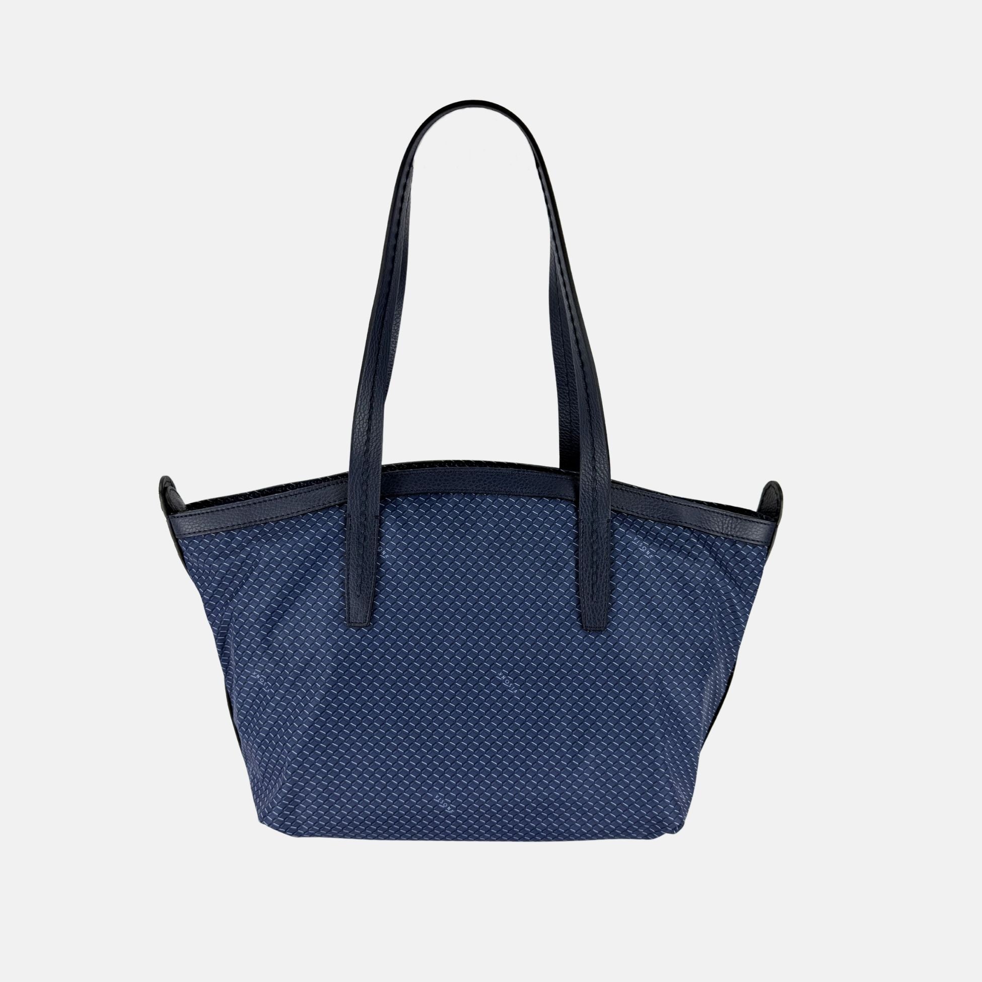 PLINIO Zippered Tote with Outer Leather Pocket in Navy - Big Bag NY