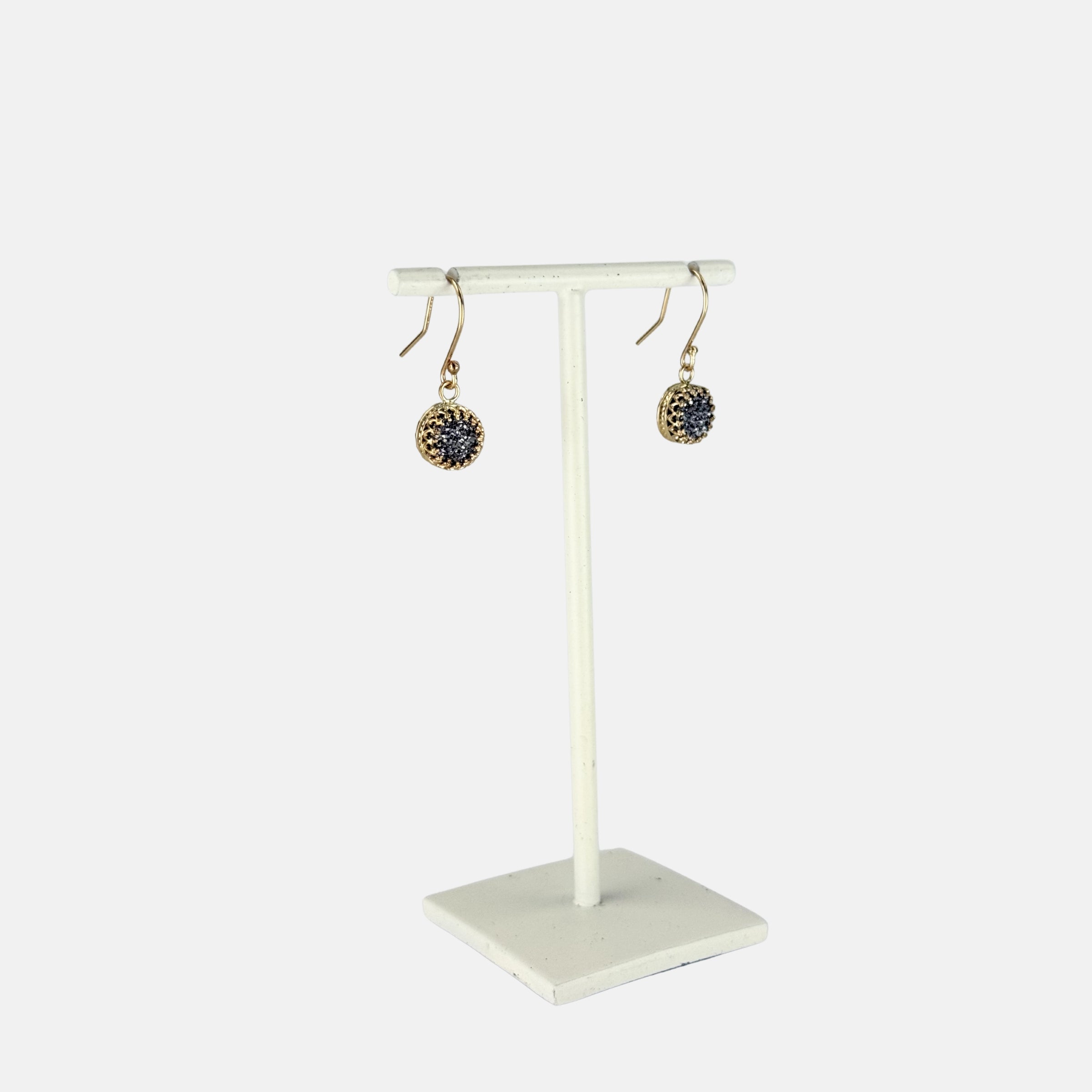 Ithil Round Pewter Druzy Dangle Earrings in Gold - Big Bag NY