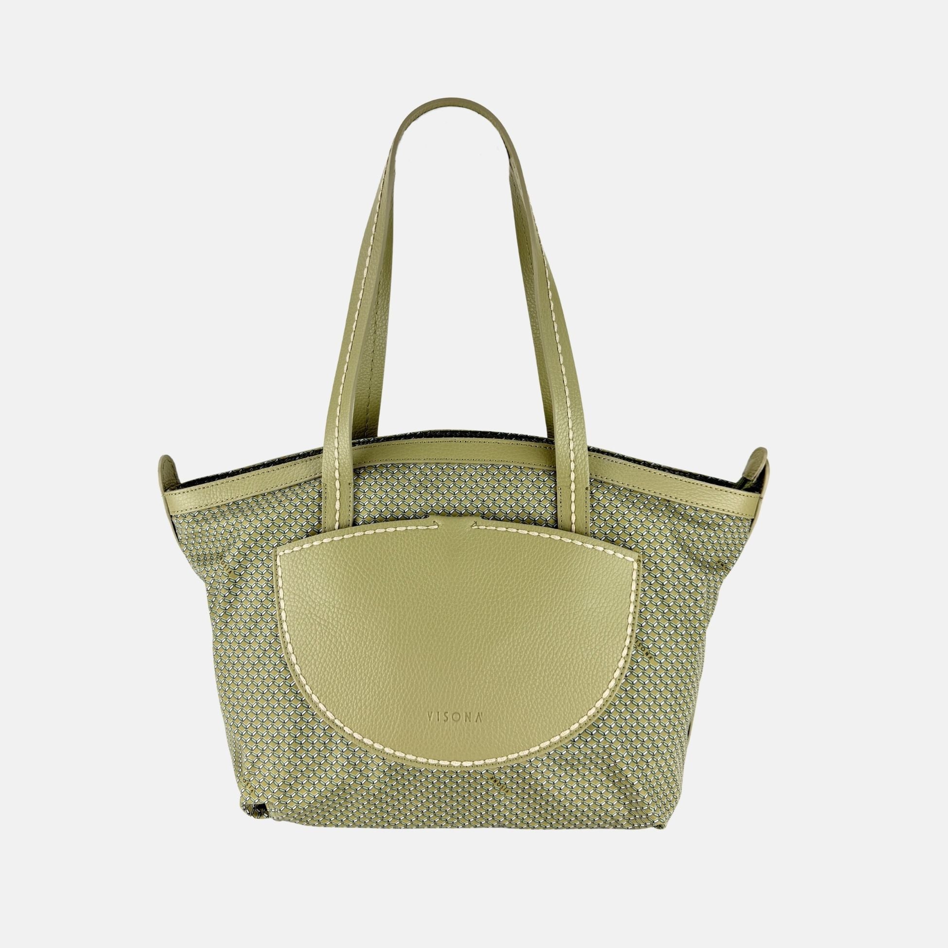 PLINIO Zippered Tote with Outer Leather Pocket in Green - Big Bag NY