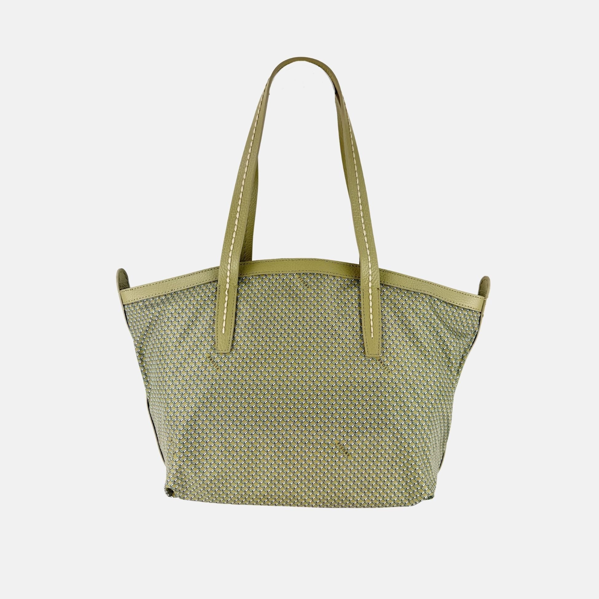 PLINIO Zippered Tote with Outer Leather Pocket in Green - Big Bag NY